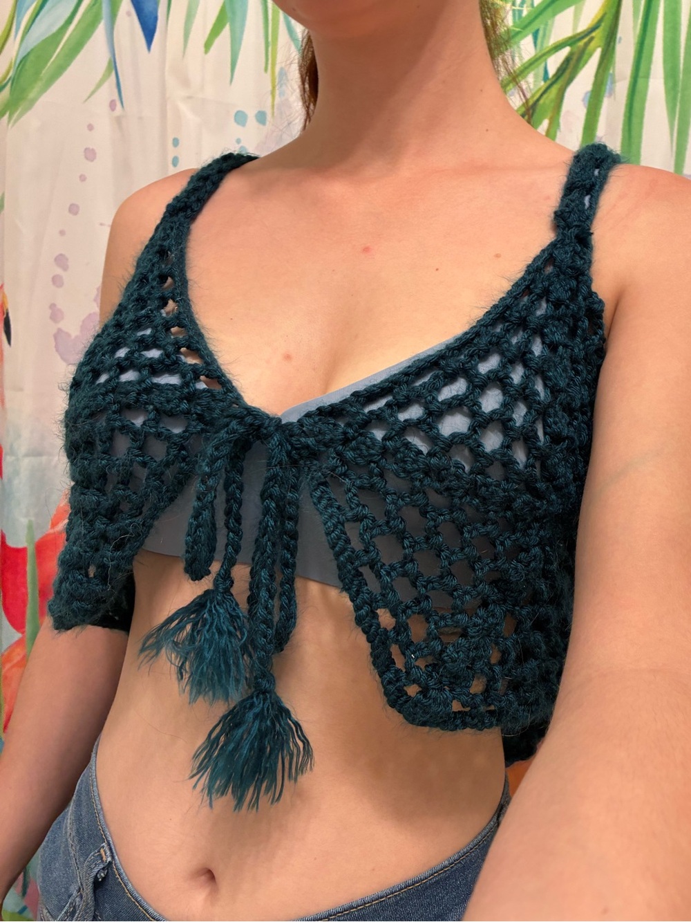 Handmade Teal Crochet Tie-Front Crop Vest
